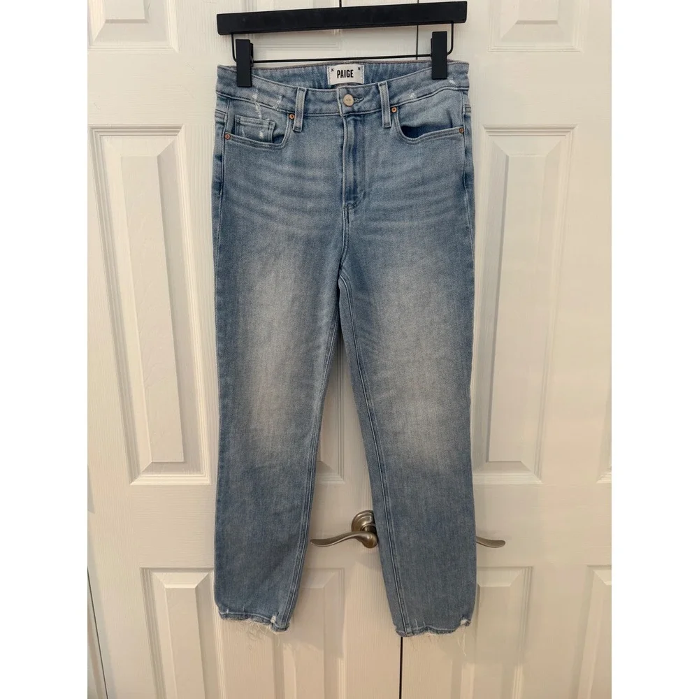 PAIGE Cindy High Rise Straight Leg Distressed Jeans Light Blue Raw Hem. Stretch.